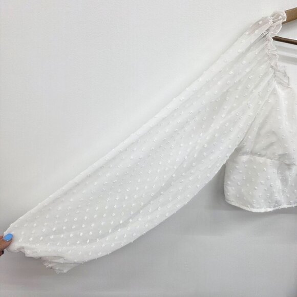 White Chiffon Swiss Dot Milkmaid Top Size L Lantern Sleeve Crop Ruched Bust - Picture 7 of 12